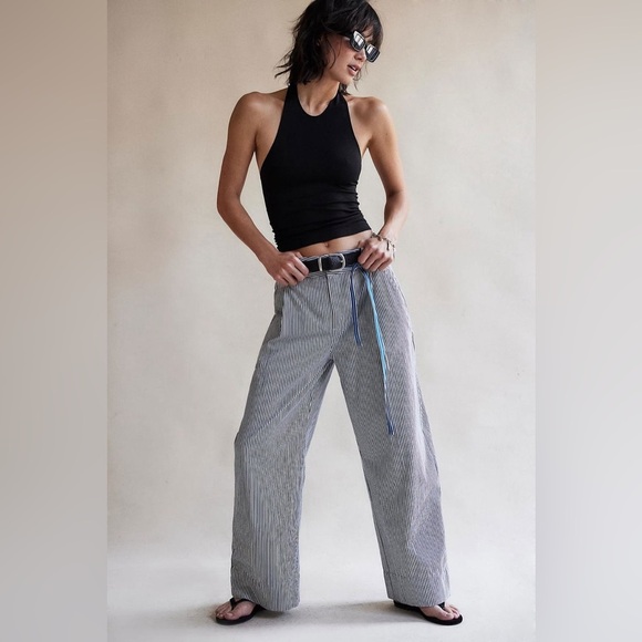 Free People Buckle Back Stripe Trousers - Picture 1 of 10